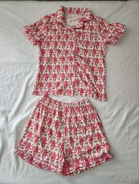Girls Size 10 Years Pink Monkey Print Short Sleeve Lightweight Pajama Set